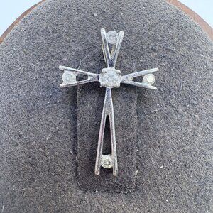 VTG Sterling Silver 925 Natural Diamond Cross Pendant Size 0.75" Length